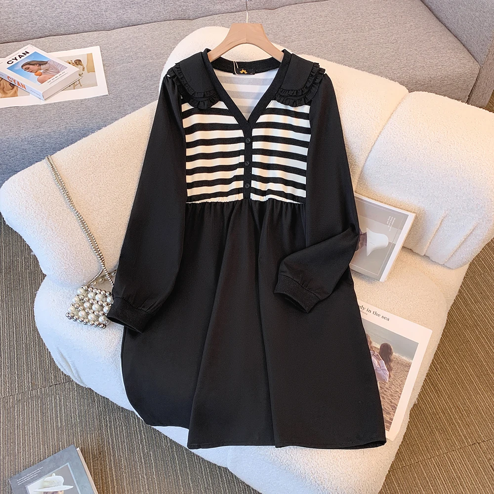 Plus-size women's spring and fall casual commuting loose comfortable dress black coffee color V-neck striped long-sleeved dress