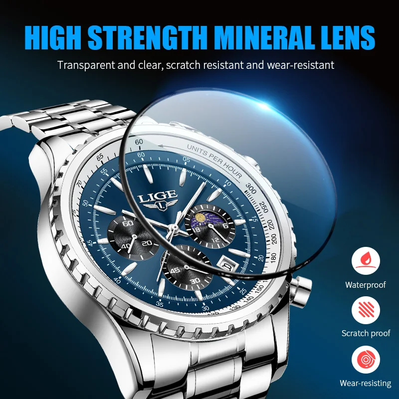 LIGE Business Men Watches Waterproof Chronograph Steel Band Men\'s Quartz Watch Fashion Luminous Calendar Man Watch Reloj Hombre