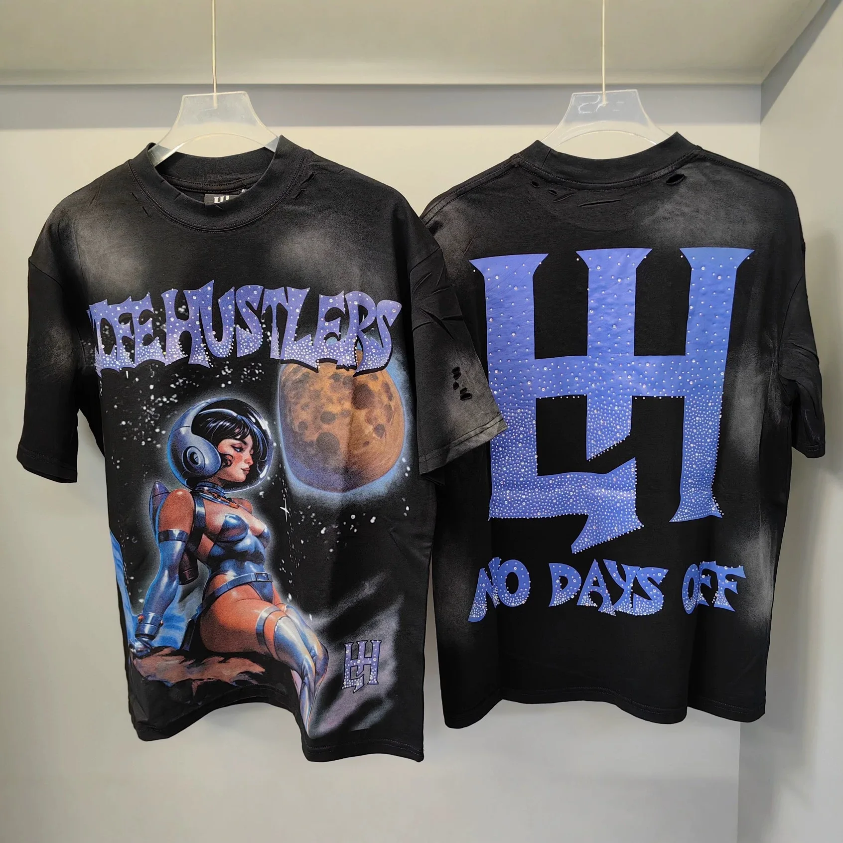 Life Hustlers Street Astronauts Straight Embroidered Stacked Diamond Vintage Hole-Embossed Loose-Sleeved Short-Sleeved T-Shirt