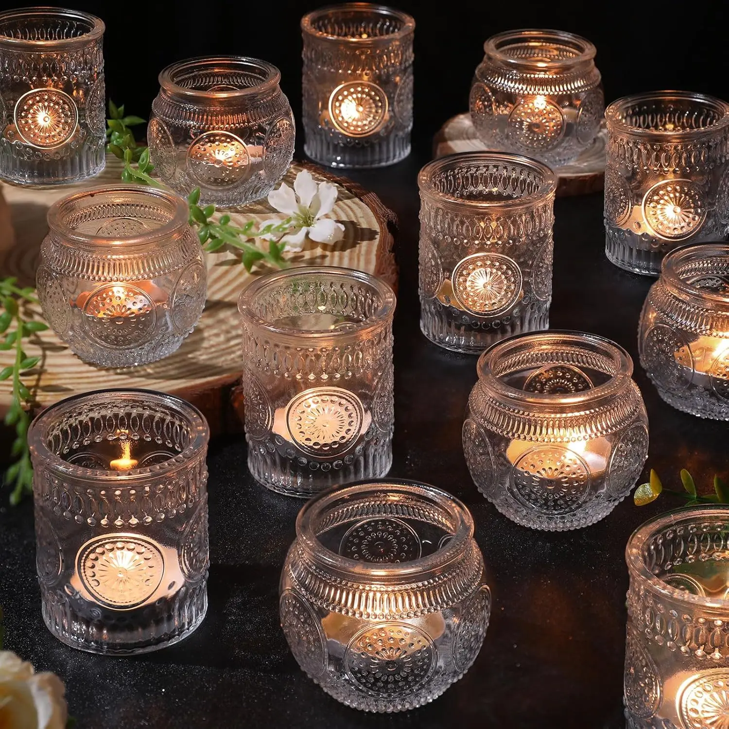 

30 Clear Glass Candle Holders - Wedding Centerpieces, Votive & Tea Light, Vintage Boho Decor