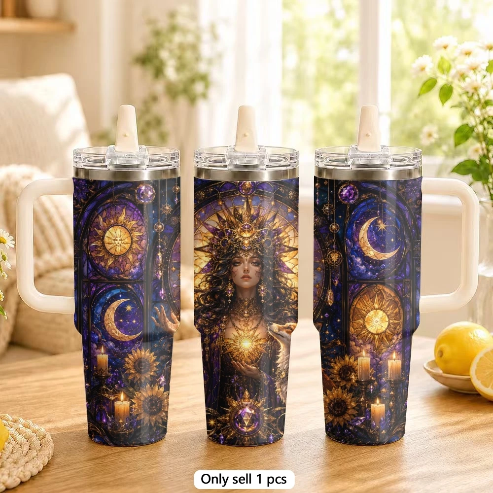 Dark Witch Pattern Vacuum Flasks 40oz Vacuum Insulated Travel Mug with Straw & Handle | Stainless Steel Leakproof Tumbler