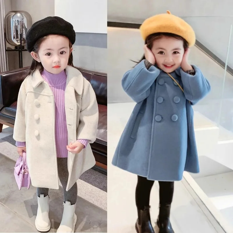 Children's Mid-length Tweed Plus Cotton Coat 2024 Winter Girls Bao Bao Korean Version Thickened Double-breasted Coat