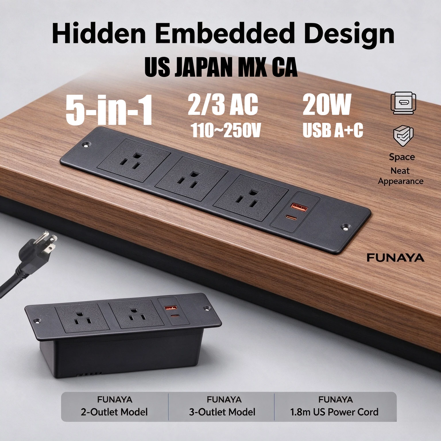 FUNAYA Built-in Table Hidden Sockets US THA MX JAPAN Plug 20W USB-A C Furniture Desktop Power Extension 2/3 AC Electric Outlets
