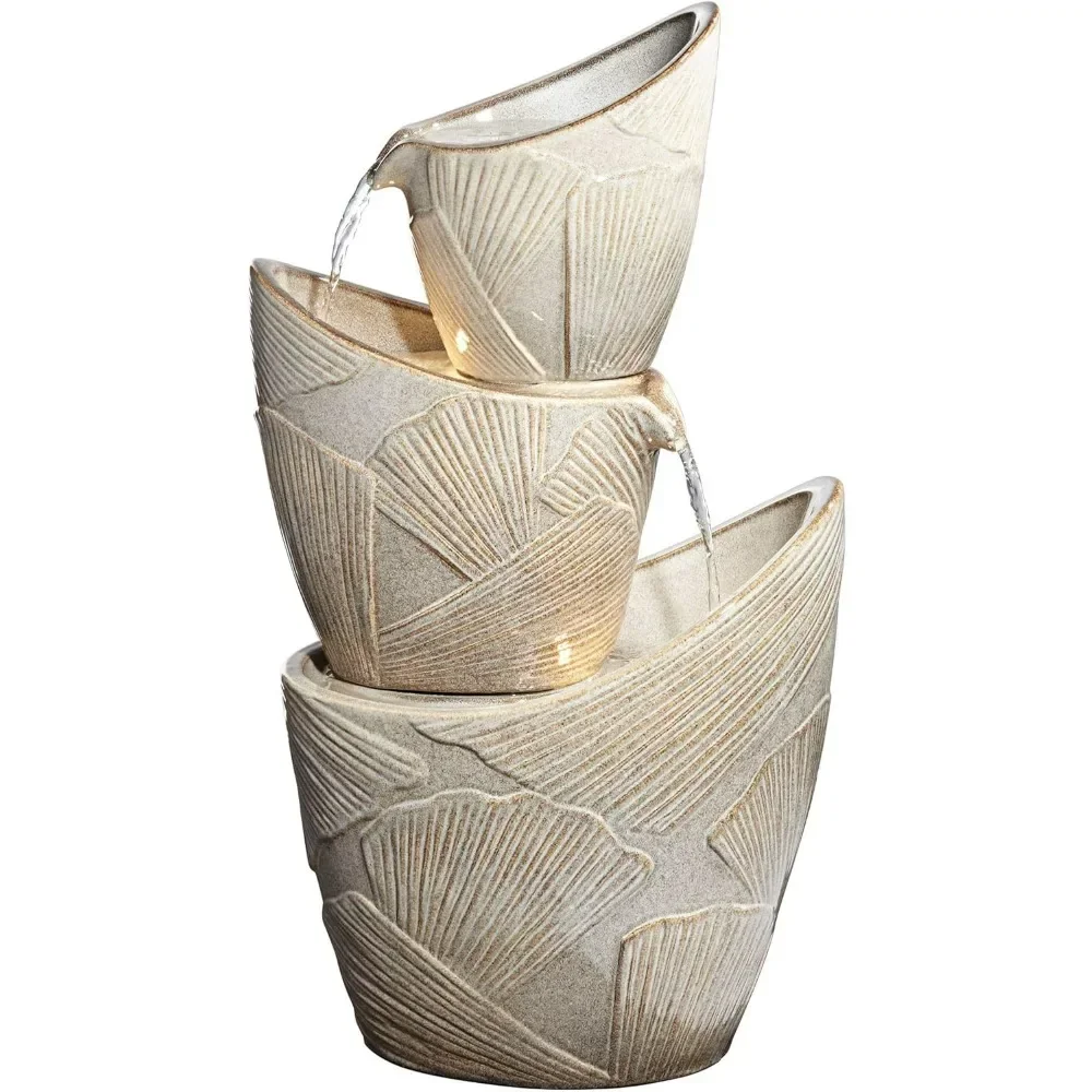 

Three Urn with Leaves Asian Indoor Outdoor Floor Water Fountain with Light LED 30" High Cascading Resin