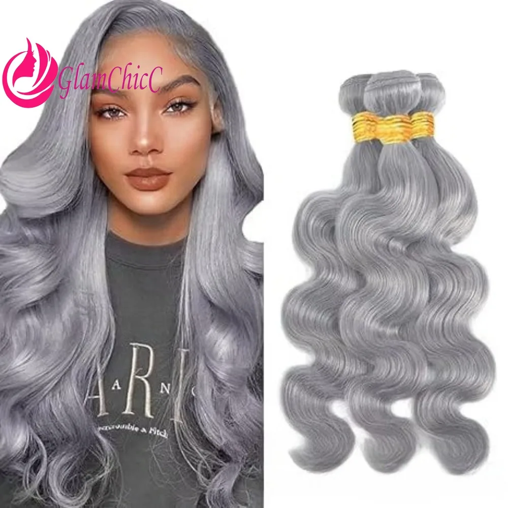 12-28inch Grey Color Wate Wave and Straight Human Hair Weaving Bundle/1PC Soft Tangle Free Hair for Women Daily Party Wig Making