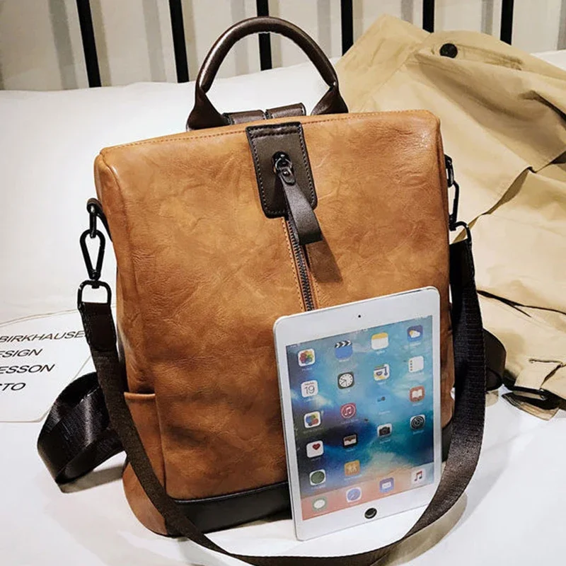 Vintage Backpack Women  Soft PU Rucksack Large Capacity Travel Backpack Anti-theft School Bag High Quality Leather Knapsack sac