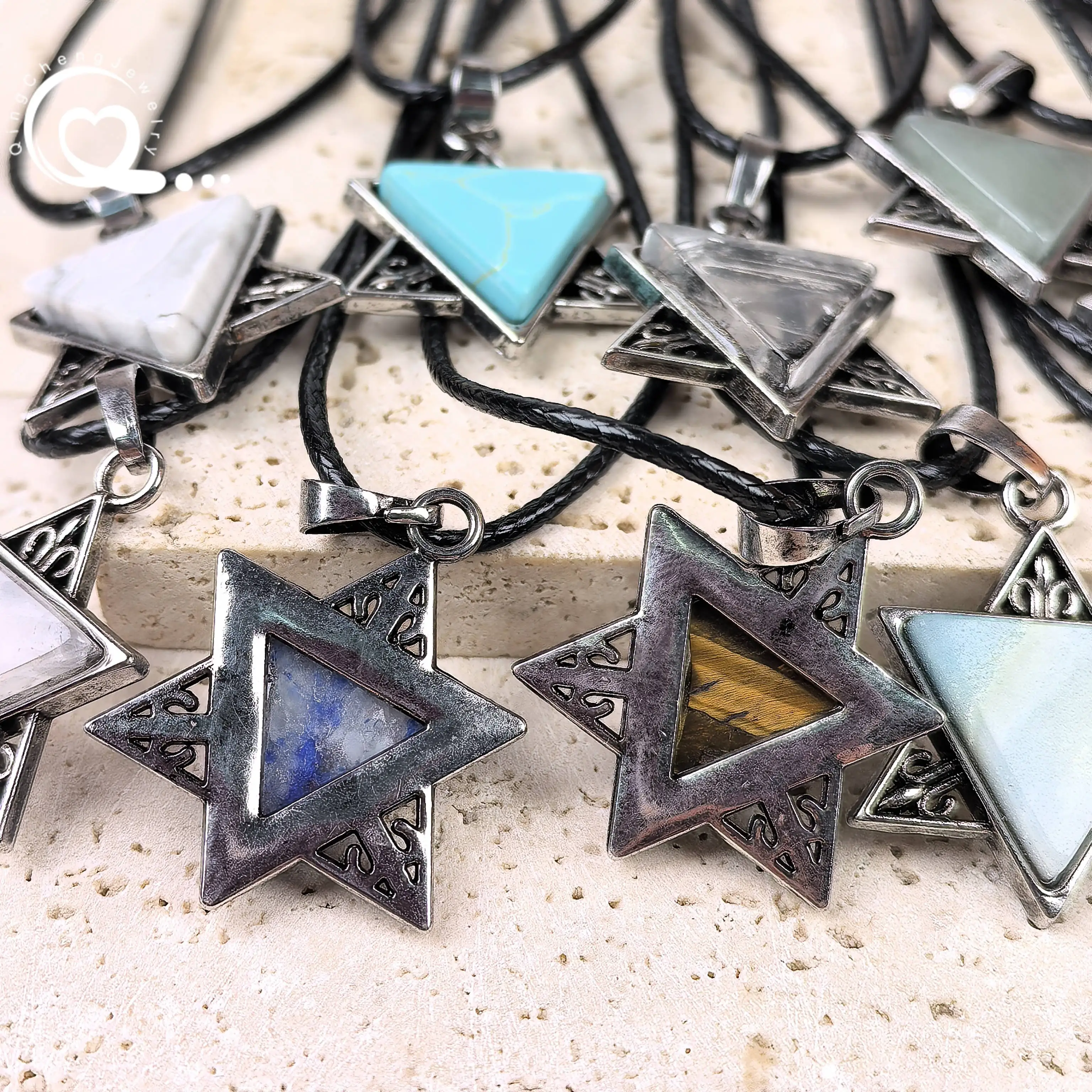 Healing Crystal David Star Pendants Necklace Triangle Slice Amethyst Rose Quartz Aventurine Tiger eye Opal Charms Jewelry QC3425