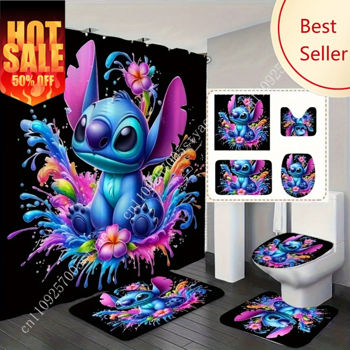 

Stitch Flower Shower Curtain Set Disney Cartoon Decoration Gifts Shower Curtain Anti-slip Floor Mats Toilet Seat Cover 4pcs