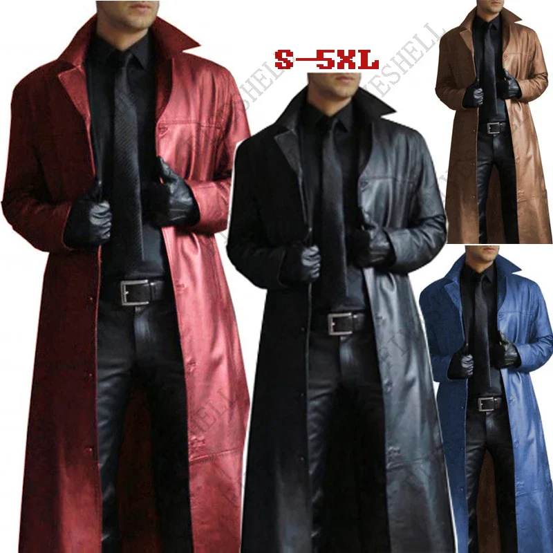 2023 men PU leather trench coat long jacket spring fall winter killer detective cosplay costume Gothic Moto Biker punk outwear