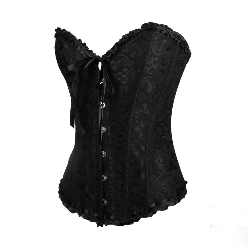 Sweetheart Corset Top for Women Sleeveless Floral Print Black Brocade Overbust Corset with Ruffle Trim Gothic Bustier