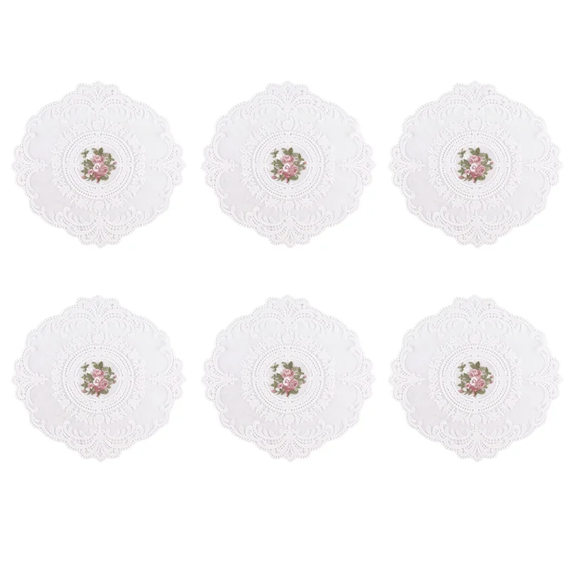 

A19F-6 Pcs Place Mats For Dining Table Embroidery Craft Coasters Lace Fabric Insulation Tablemat