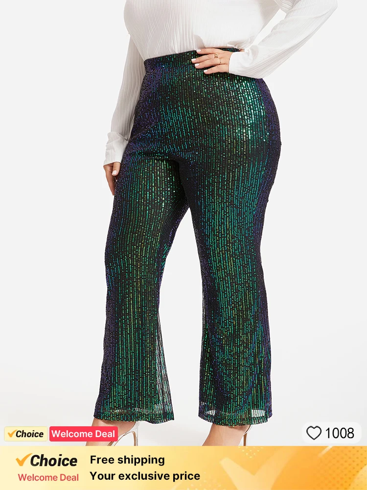 

Plus Sized Clothing Women High Waist Sequin Sparkle Flare Leg Pants Loose Bell Bottom Trousers Glitter Bling Party Shiny Pants