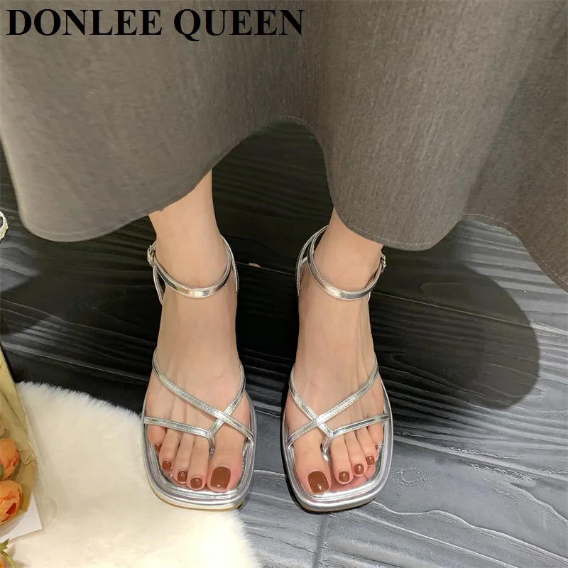 2023 New Summer Women Sandals Fashion Square Toe Flat Heel Ankle Strap Shoes Narrow Band Casual Slides Green Sliver Female Mujer