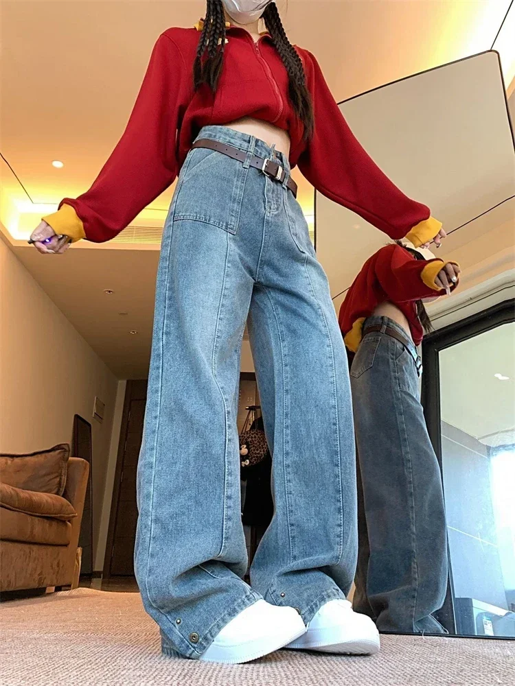 Damskie jeansy proste w stylu retro z szerokimi nogawkami, styl cool girl, z wysokim stanem, vintage lata 90., spodnie streetwear, damskie, codzienne, Y2K, spodnie dżinsowe.