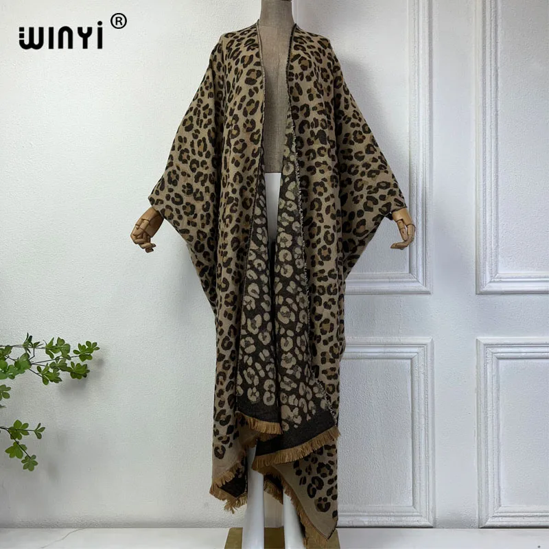 2024 WINYI Winter leopard print High Quality cardigan Luxury Loose kimono Thick Warm Female long down coat for women maxi abaya