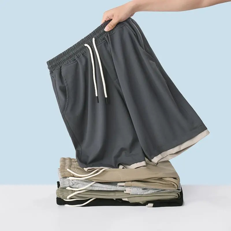 

Men's Sport Shorts Splicing Two Fakes Loose Ice Silk 5 points pants Comfortable Elastic Waist Wide Leg Knee-length Shorts