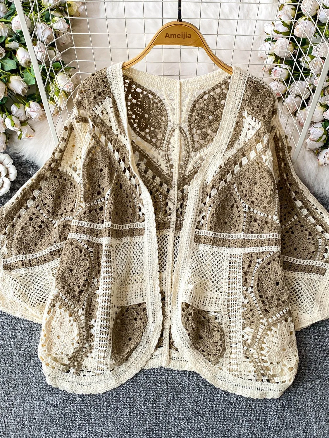 V-Ne Open Cardigan Knitted Loose Hollow out Batwing Sve Women's Spring Autumn Holiday Slimming Top Sun Protection