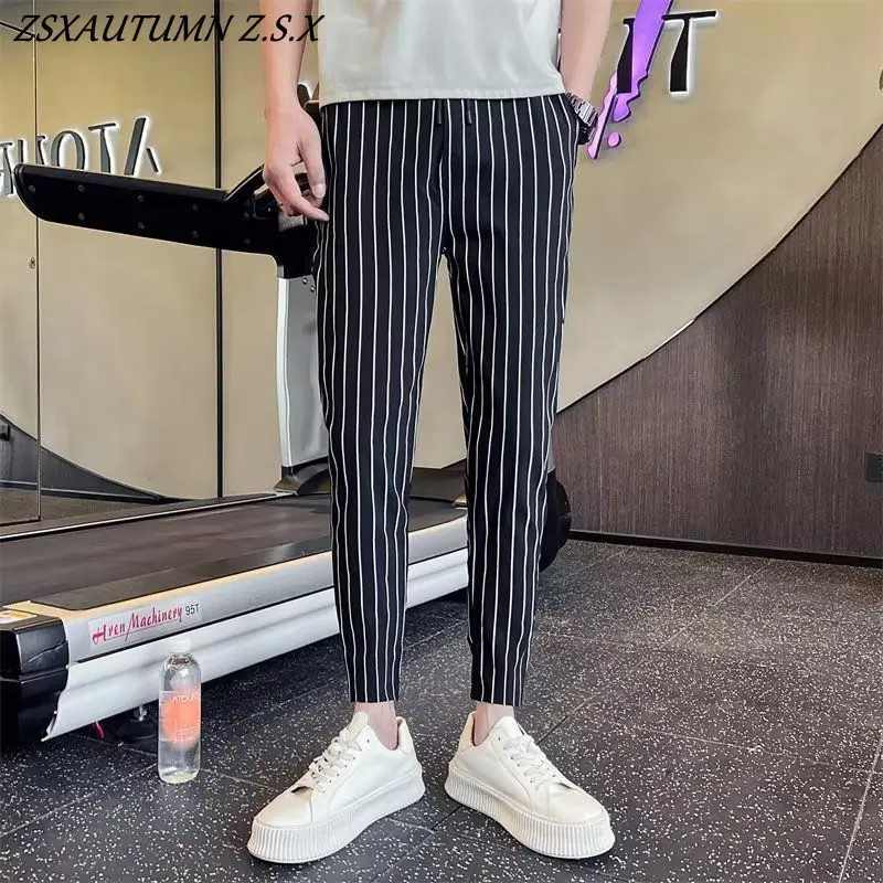 

Striped Casual Male Korean Trend Small Foot Nine Pants Skinny Haren Pants Pencil Pants Slim Simple Fashion Spring and Summer