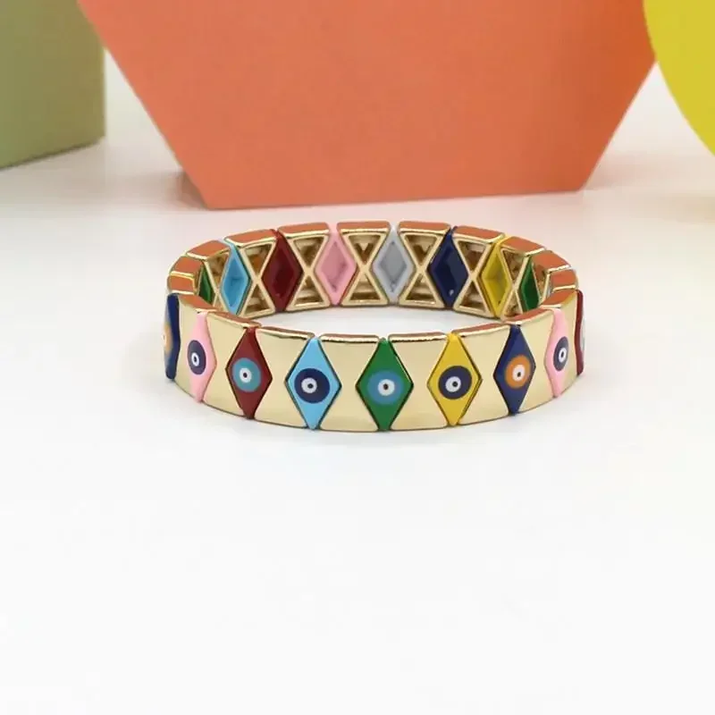 Ins Bohemian Macaron Color Matching Drip Oil Rainbow Ladies Enamel Bracelet. Beach Pastoral Vacation Stretch Bracelet Jewelry