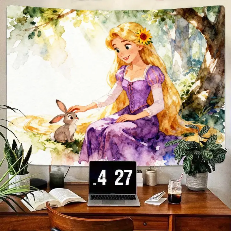 

1 шт., акварельный лесной гобелен Рапунцель с кроликом, сказочная принцесса, настенное искусство для девочек, декор для спальни, в общежитии, подарок, эстетика.