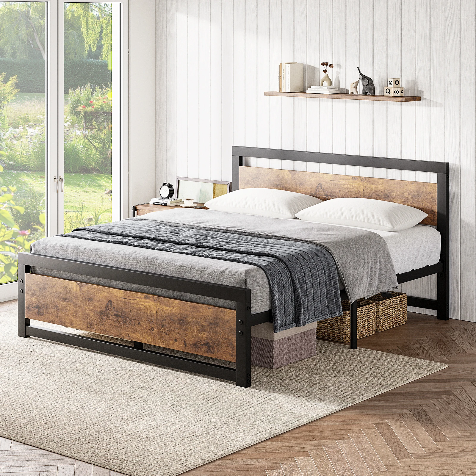 Metal and Wood Bed Frame with Headboard and Footboard Full Queen King Size Platform Metal Slat Support No Box Spring Needed
