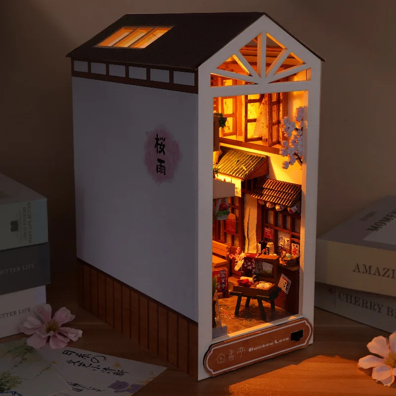 DIY Wooden Book Nook Shelf Insert Kit Dollhouse Miniature Cherry Blossom Bookends Doll Houses Bookshelf Handmade Crafts Gifts