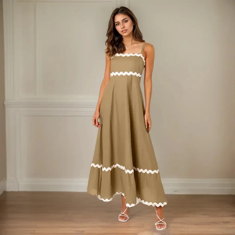 

Sleeveless Suspender Dress For Women Elegant Solid Color Sleeveless Flower Edge Patchwork Tank Dress Casual Zipper Long Dresses