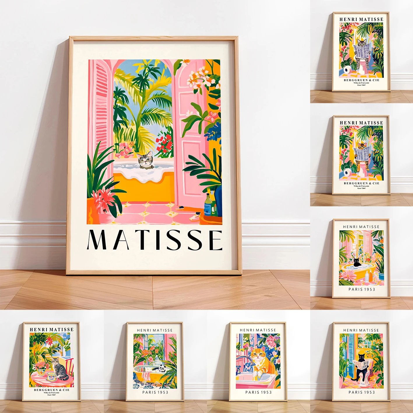 

Tabby cat toilet art print Matisse-style whimsical bathroom wall decoration whimsical espresso art pink kitchen wall decoration