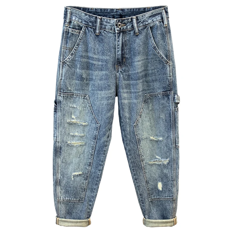 الأمريكية Sle الرجال عارضة فضفاض مستقيم الساق الجينز حفرة اللكم خمر العصرية العلامة التجارية عمال السراويل الطويلة الخريف الربيع #5