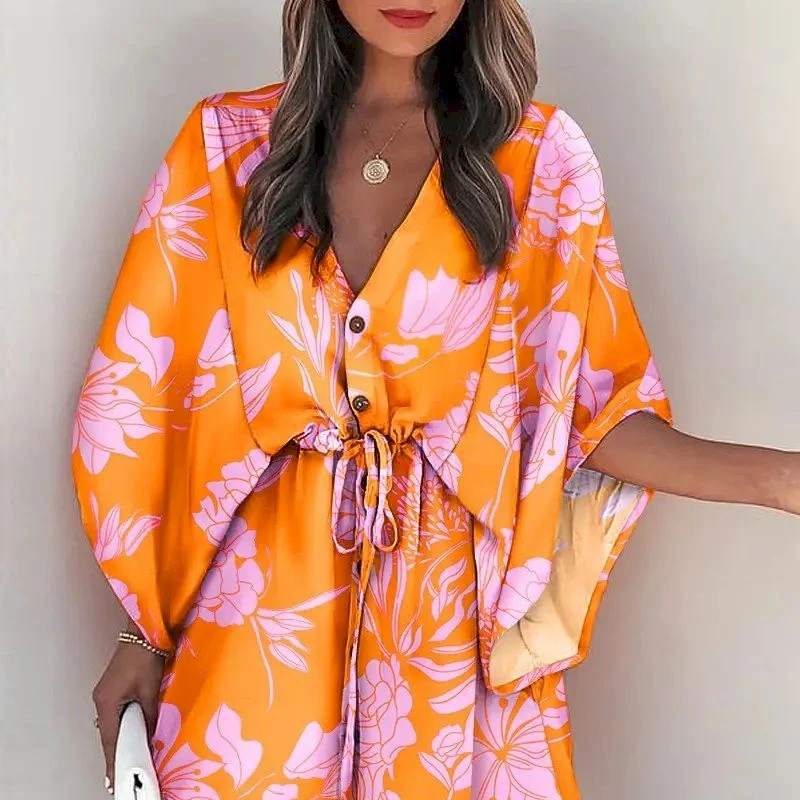 Fashion V-neck Flared Sleeve Bikini Cover-Ups for Woman Swimsuit Cover Up Dress 2023 New Lace Up Holiday Beach Tunic Beach Dress