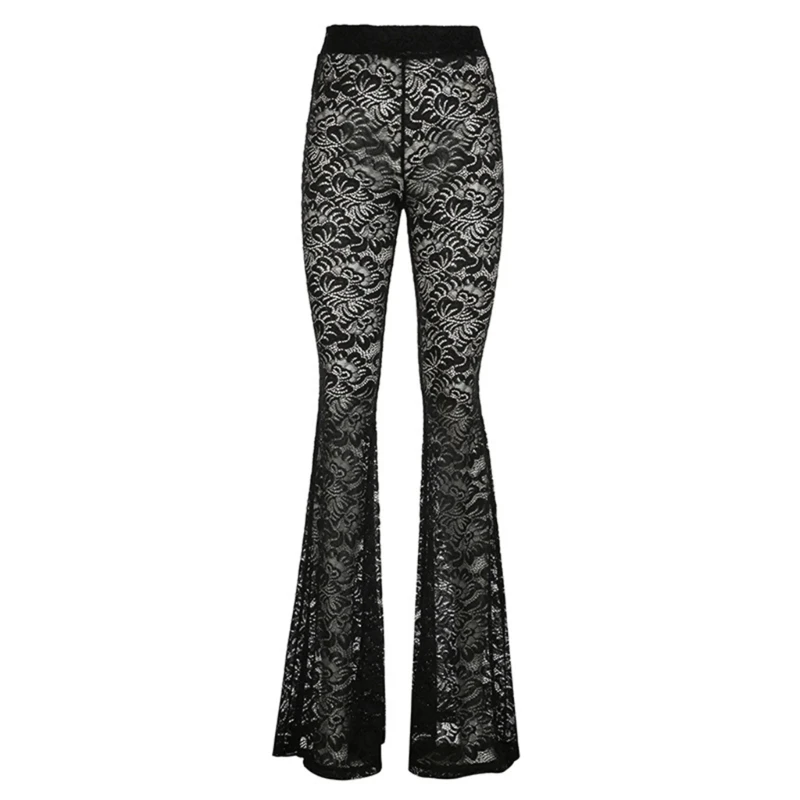 

Womens Aesthetic High Waist Pleated Wide Leg Flared Pant Festival Party Hollowed Out Sheer Flower Lace Trousers Leggings