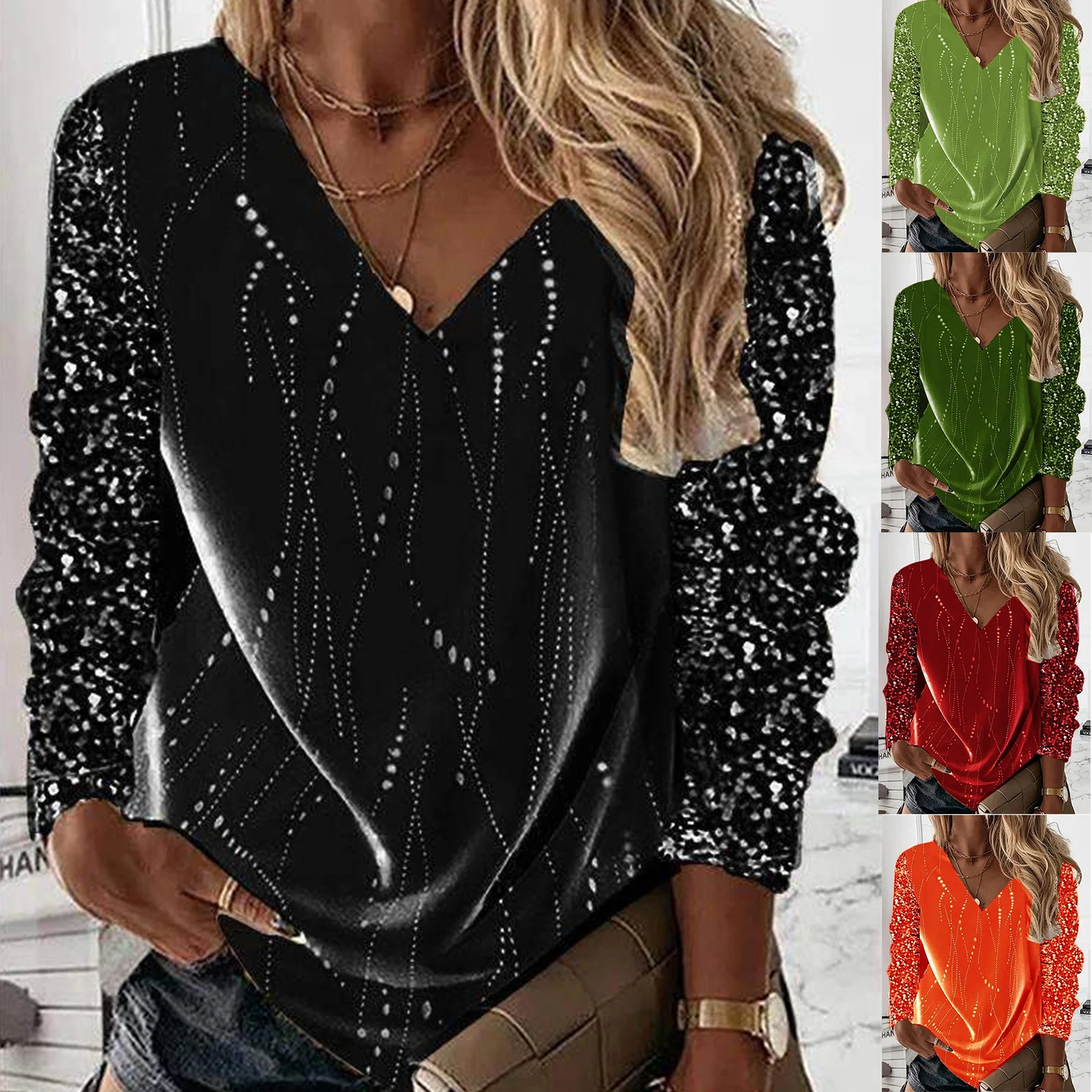 Evening Sequin Tunic Tops Women Spring Fashion Print V Neck Top Long Sleeve T Shirt Fashion Black Ladies Elegant Shirts Pullover