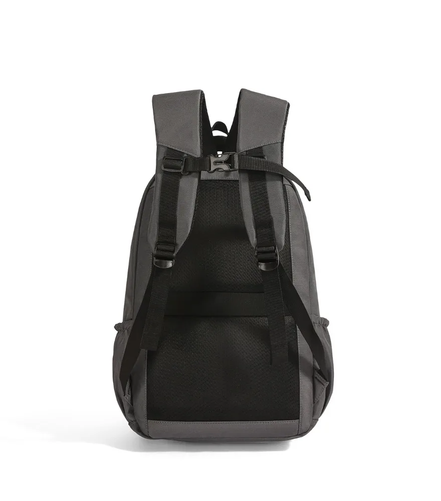 Gray black color block casual backpack vertical front zipper pocket dual side elastic drawstring mesh pockets lightweight