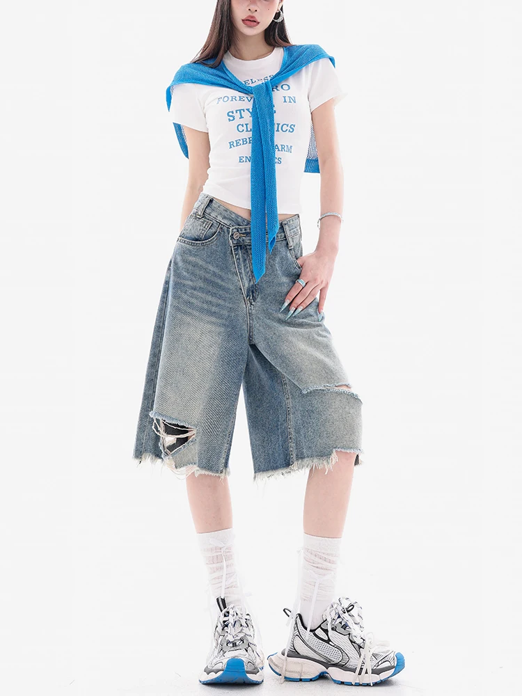 

Джинсы ABWEAR Original с высокой талией, рваные, с широкими штанинами, свободного кроя, синие, повседневные, длиной до колена