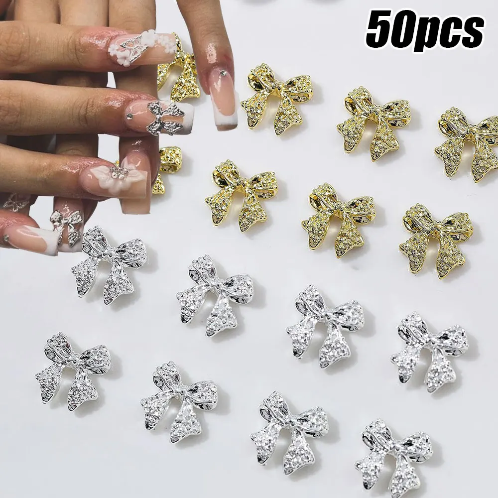 50Pcs 3D Luxury Shiny Metal Bow Nail Charms 10.5*11mm  Alloy Gold Silver Ribbon Bowknots Nail Art Jewelry Cute Nail Art Accessor