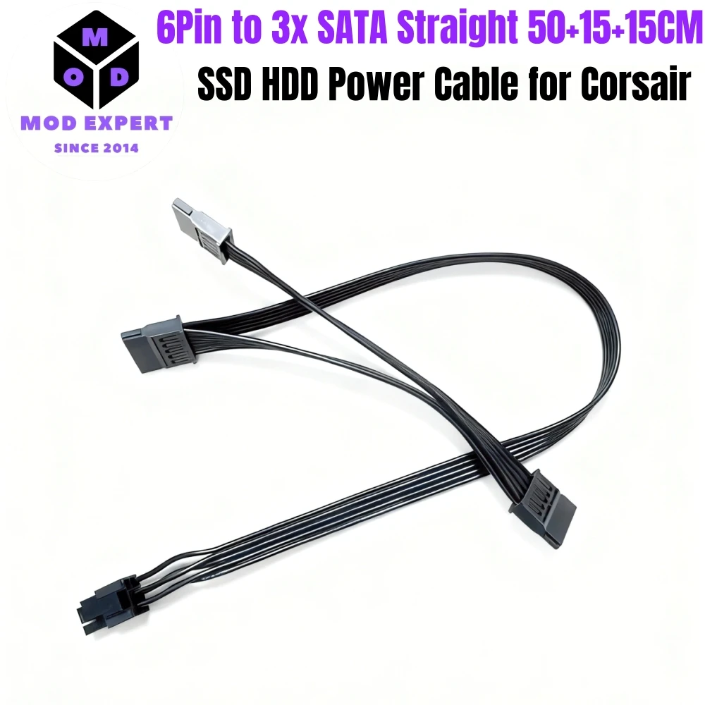 

6Pin to 3 SATA Straight, SSD HDD Power Cable for Corsair CS850M, CS750M, CS650M, CS550M, CS450M Type 3 Modular Power, 50+15+15CM