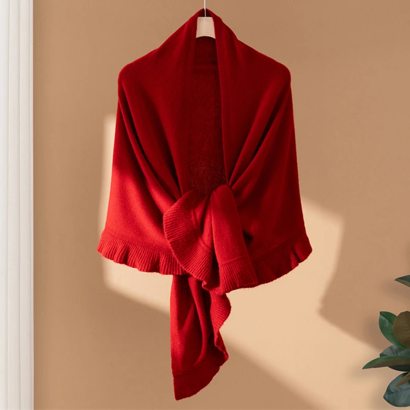 KOIJINSKY 35% Cashmere Ruffle Trim Knitted Shawl Scarf 170×50cm, Solid Color Soft Knit Cape Wrap, Elegant Neck Shoulder Cover Fo