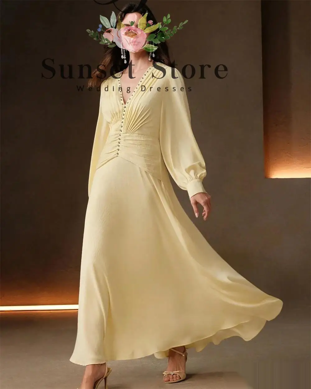 

Customized Yellow Jersey Evening Dress V-Neck Long Sleeves Special Occasion Gowns Bridal Party Delicate Temperament