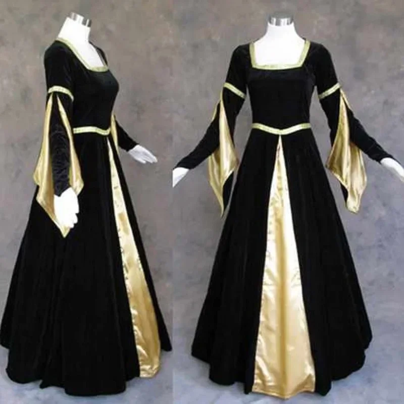 Vestido de corte real gótico Retro para mujer, traje de Cosplay, acampanado, manga larga, cintura larga, vestido Medieval renacentista