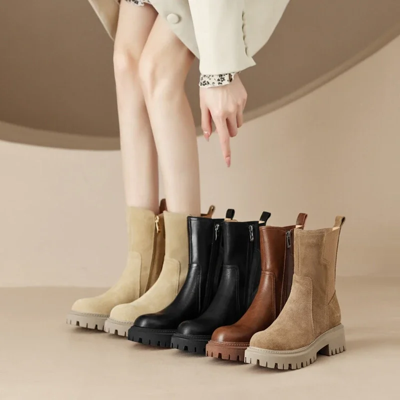 NEW Autumn Shoes Women Chelsea Boots Round Toe Thick Heel Short Boots Cow Suede Boots for Women Winter Platform Shoes for Women