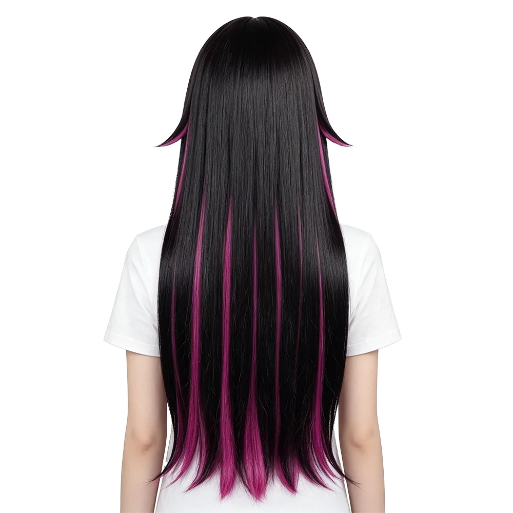 Long Straight Black Rose Pink Gradient Wig With Bangs Heat Resistant Synthetic Natural Hair For Columbina Cosplay Daily Party