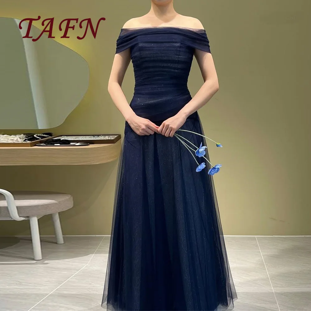 

TAFN Elegant Dark Blue Gliter Evening Dress with Bolero Floor Length A Line Party Gowns Korea Wedding Photoshoot Gown Customized