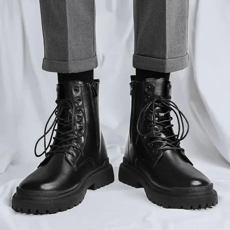 Men Black Leather Boots New British Style High Top Fashion Work Boots Outdoor Street Fashion Chelsea Men Shoes Comfortable Short