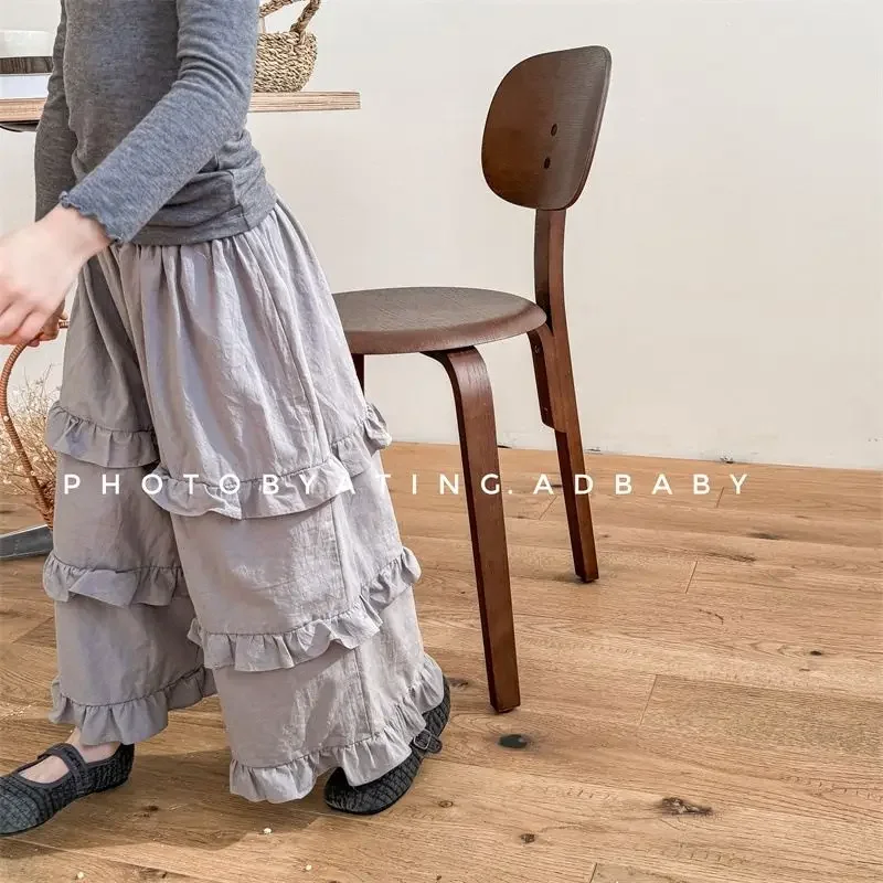 2024 Spring and Summer Children Clothing Korean Spring Lace Wide-leg Pants Nine-point Pants Girls Spring Pants Princess Style