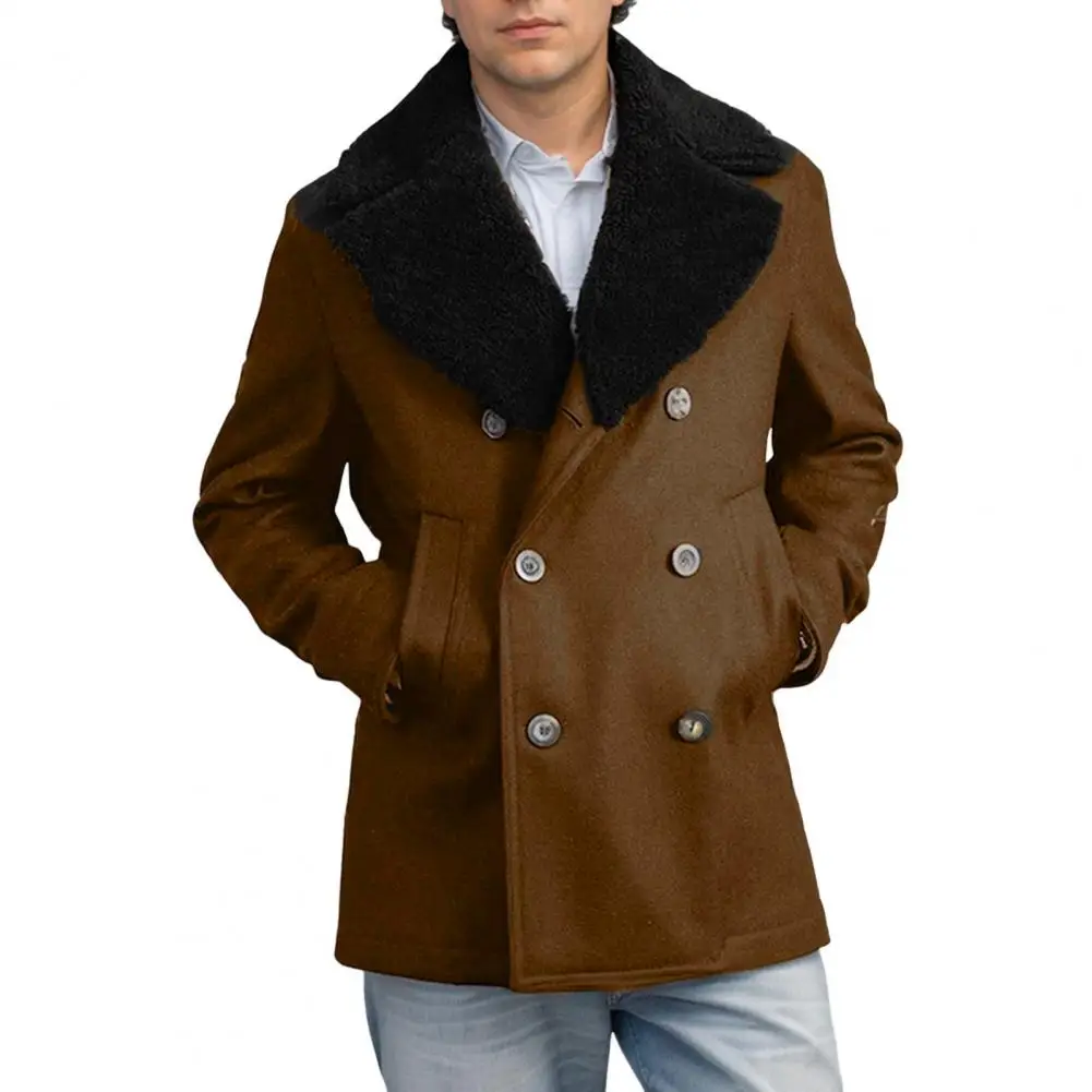 Men Plush Edge Jacket Elegant Men's Woolen Coat with Plush Edges Double-breasted Design Stylish Lapel Long Sleeve Winter