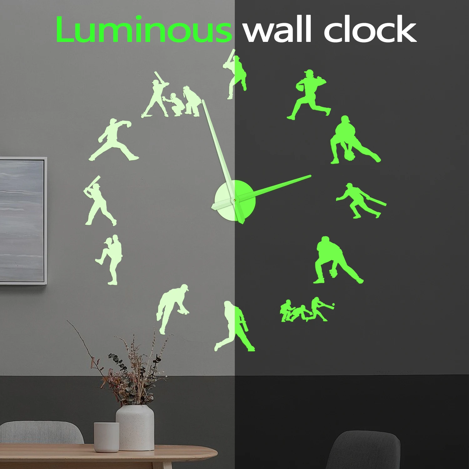 Baseball Player Silhouette Self Adhesive DIY Wall Clock for Man Cave Game Room Glow in Dark Frameless Night Visible Wall Clock