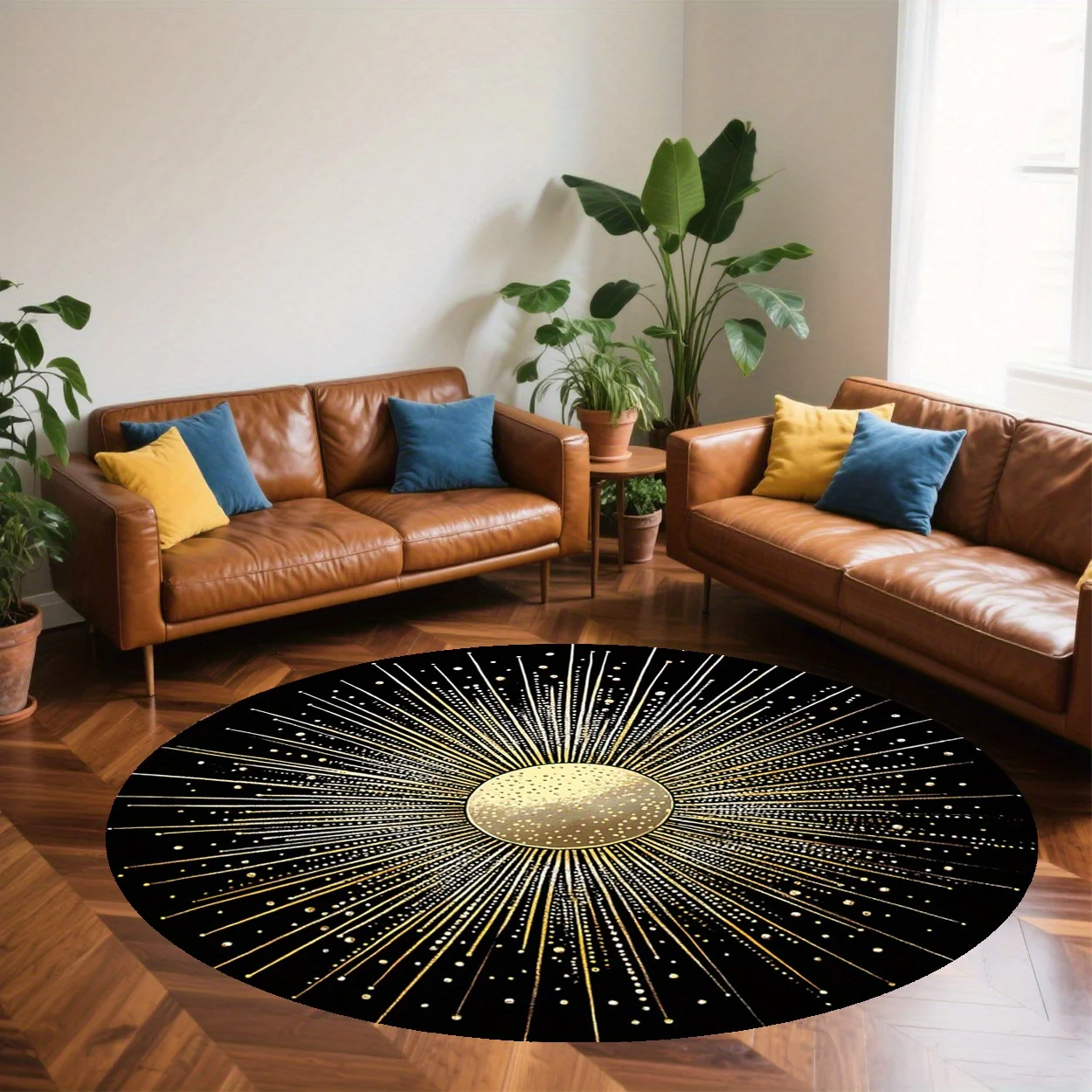 Black Gold Sunburst Disco Mat Round Polyester Area Rug Bohemian Modern Luxury Home Floor Decoration Soft Cushion Carpet Gift for