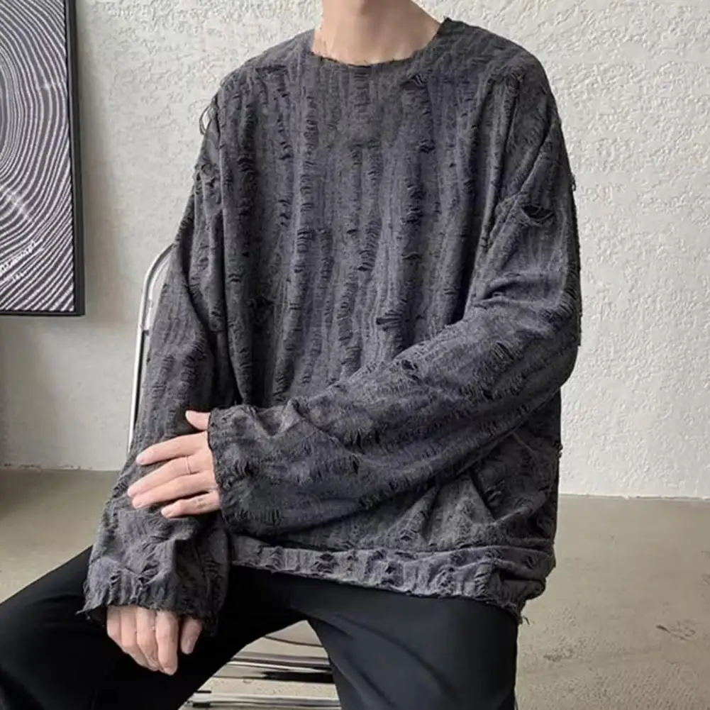 Men T-shirt Round Neck Long Sleeve Ripped Holes Solid Color Jumper Tops Street Style Base Layer Spring Summer Tops Streetwear