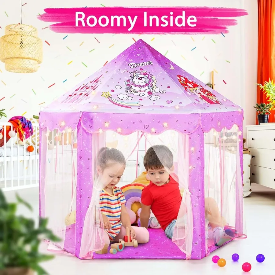 Tenda da principessa Monobeach per ragazze, unicorno, grande casetta da gioco, castello, tenda da gioco con luci stellari, giocattolo regalo per giochi interni ed esterni 5