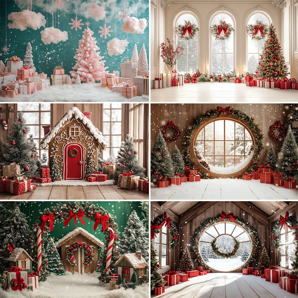 

Christmas Gingerbread House Background Xmas Tree Gifts Snow Winter Christmas Baby Kids Art Portrait Photography Backdrop Decor